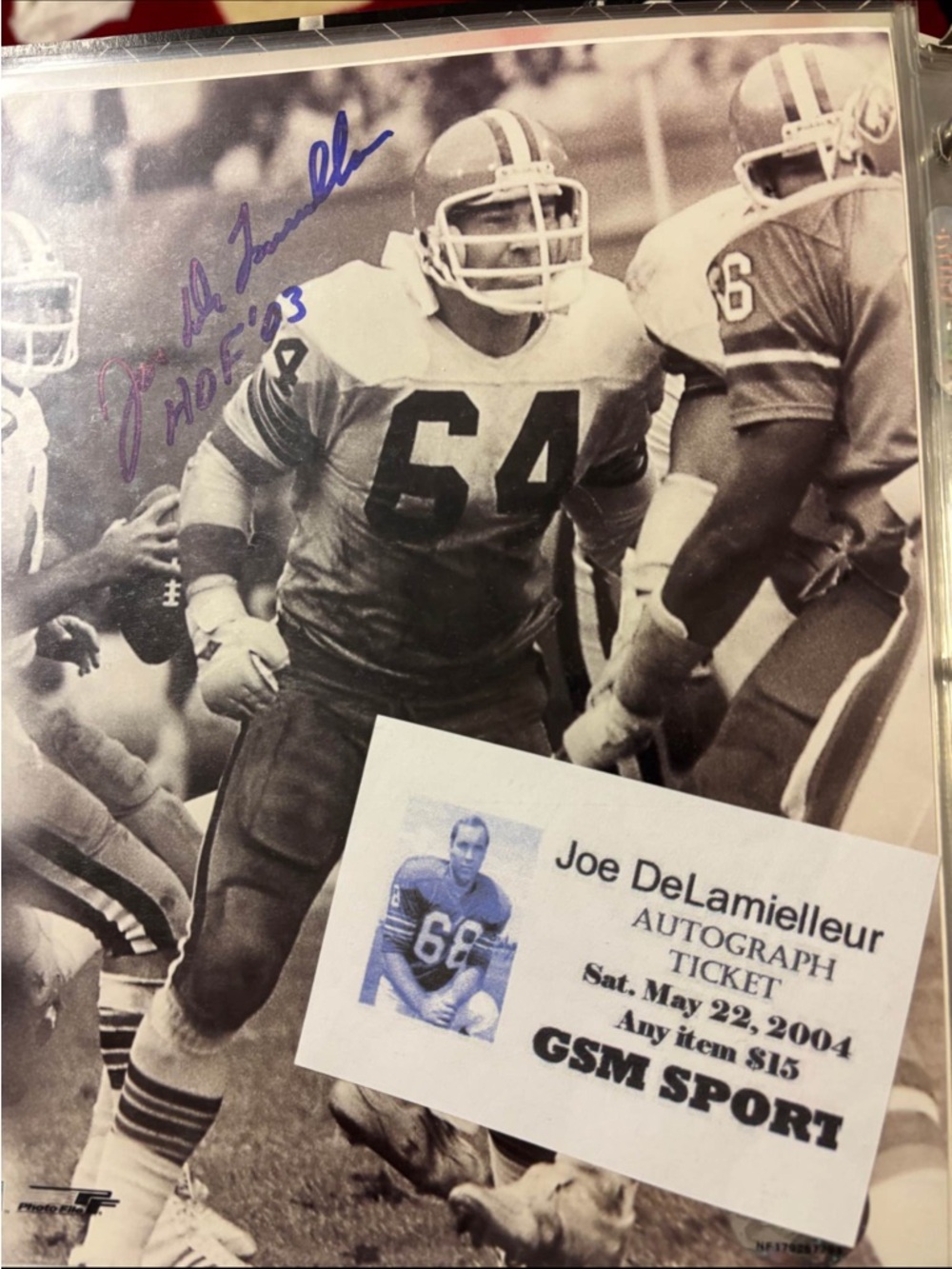 Cleveland Browns Joe Delamielleur Autographed Football Photo with Ticket -